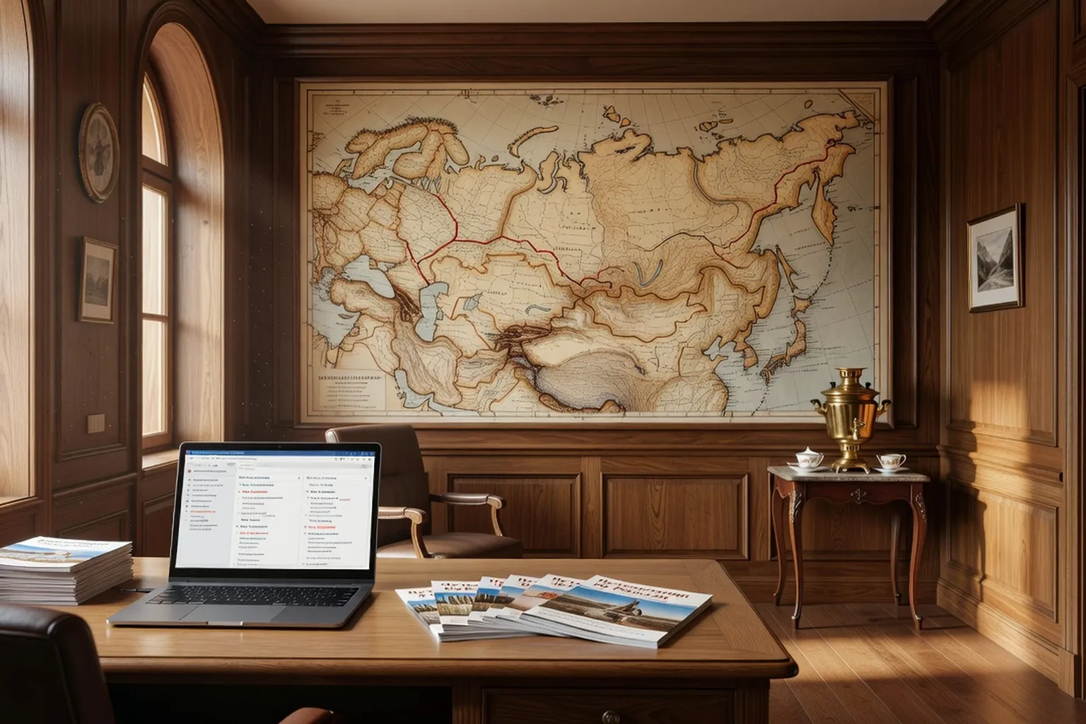 Bureau d'une agence de voyage francophone spécialisée en Russie en 2026, ambiance feutrée et cartes de l'Eurasie au mur
